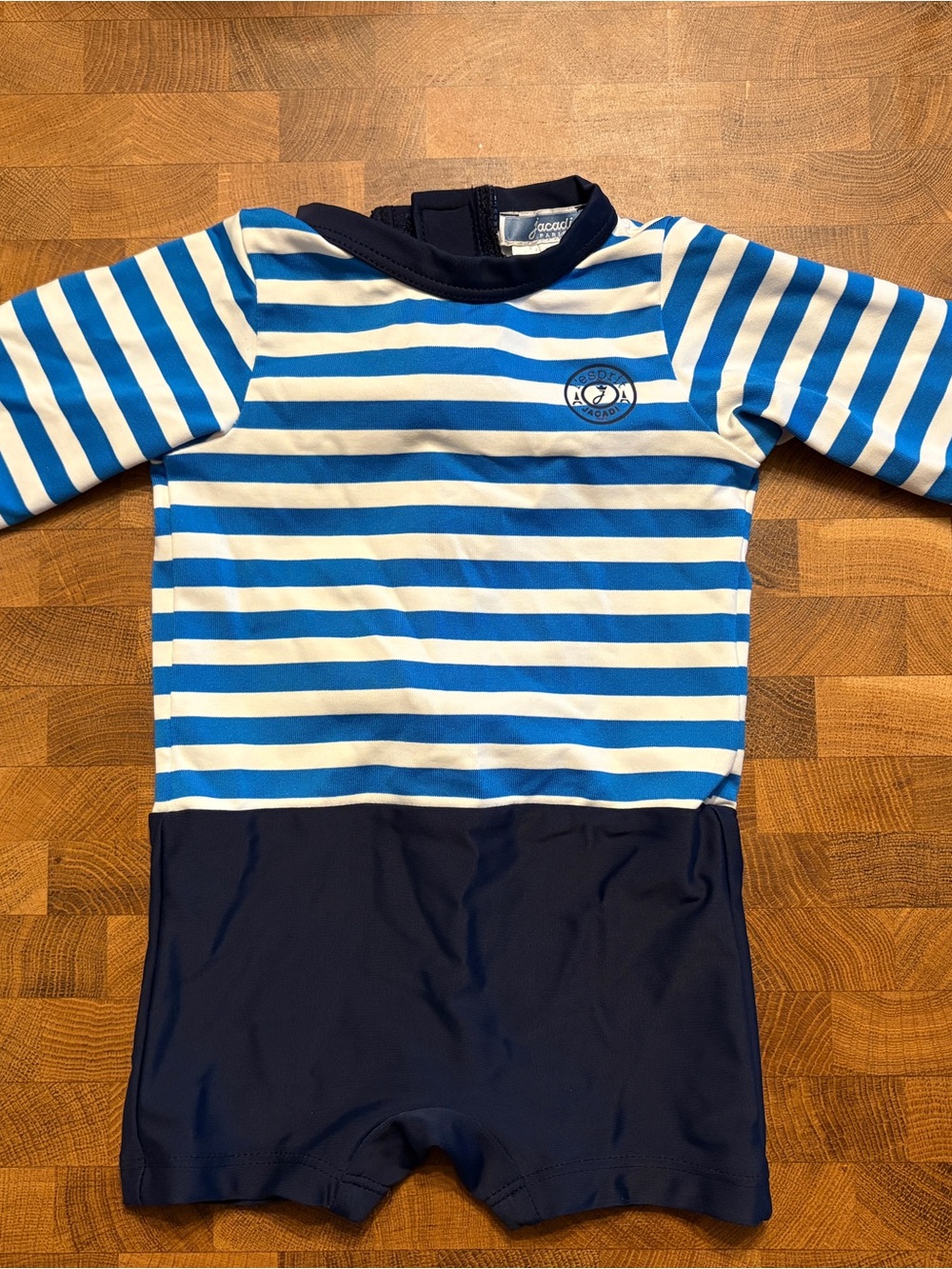 Jacadi White and Blue Striped Long-Sleeve One-Piece Swimwear